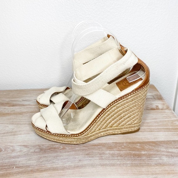 Tory Burch Shoes - tory burch cream canvas wrap espadrille wedges size 10